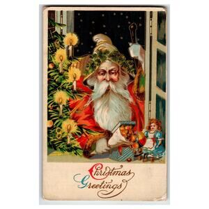 Vintage Christmas Santa Claus Postcard with Staff Doll & Candles, Made in Saxony